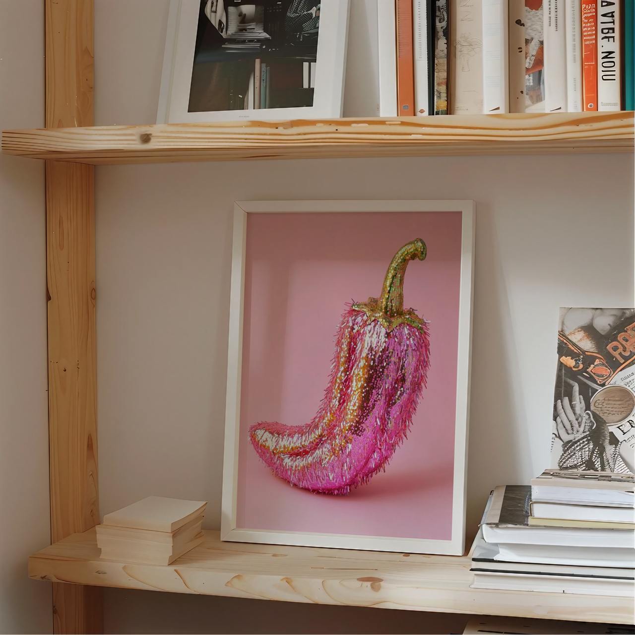 Framed artwork of a pink and gold pepper on a wooden shelf with books