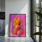 Framed artwork of oranges in a pink bag on a wall in a modern kitchen.