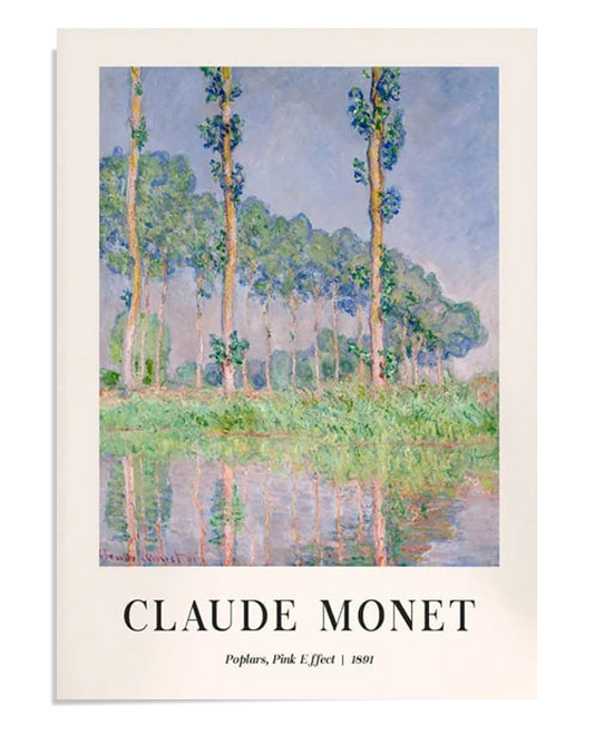 A beautiful landscape painting by Claude Monet featuring poplar trees beside a tranquil body of water, with soft reflections and a "pink effect" created by warm, glowing light. The delicate brushwork and colors evoke a peaceful and serene atmosphere, making this painting a perfect addition to any home, office, or gallery. Ideal for those who appreciate Impressionist art and nature-inspired decor.