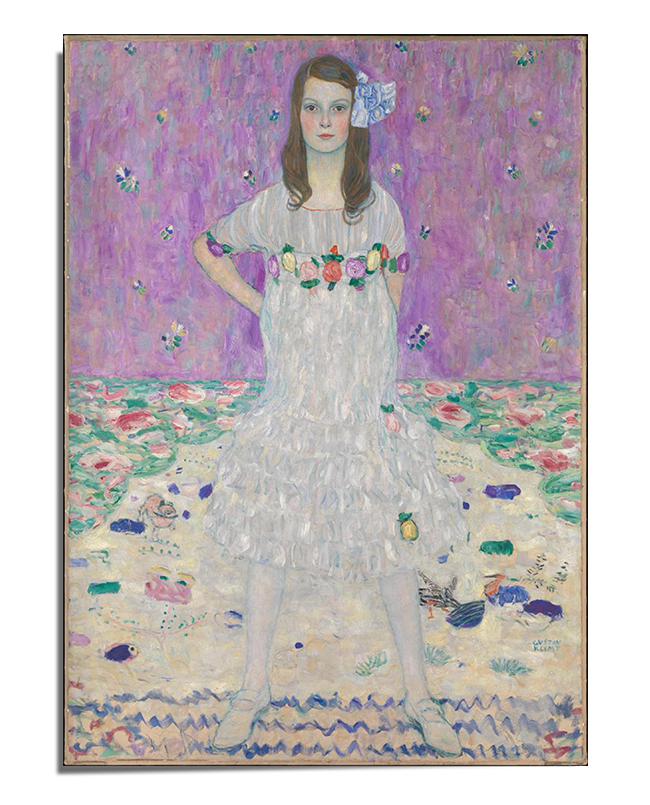 A young girl with long brown hair stands with her hands on her hips, wearing a white ruffled dress with floral accents. A large blue bow adorns her hair. She gazes directly forward with confidence. The background features a soft purple hue with scattered flowers, while the floor is covered in a textured floral pattern in shades of pink, green, and cream.