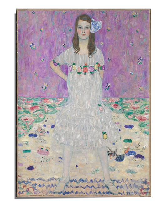 A young girl with long brown hair stands with her hands on her hips, wearing a white ruffled dress with floral accents. A large blue bow adorns her hair. She gazes directly forward with confidence. The background features a soft purple hue with scattered flowers, while the floor is covered in a textured floral pattern in shades of pink, green, and cream.