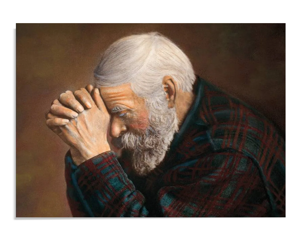 A painting of an elderly man with a white beard, wearing a plaid shirt, sitting with his hands clasped in front of his face, in a moment of prayer. His head is slightly lowered, showing deep reflection and thought. The light highlights the texture of his beard, shirt, and facial features. The background is soft and muted, allowing the man’s expression and gesture to stand out as the focal point of the piece.