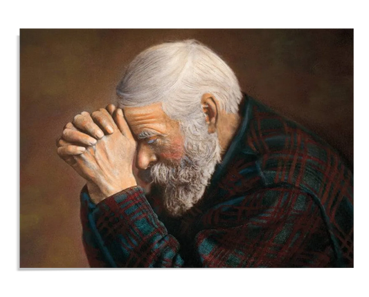 A painting of an elderly man with a white beard, wearing a plaid shirt, sitting with his hands clasped in front of his face, in a moment of prayer. His head is slightly lowered, showing deep reflection and thought. The light highlights the texture of his beard, shirt, and facial features. The background is soft and muted, allowing the man’s expression and gesture to stand out as the focal point of the piece.