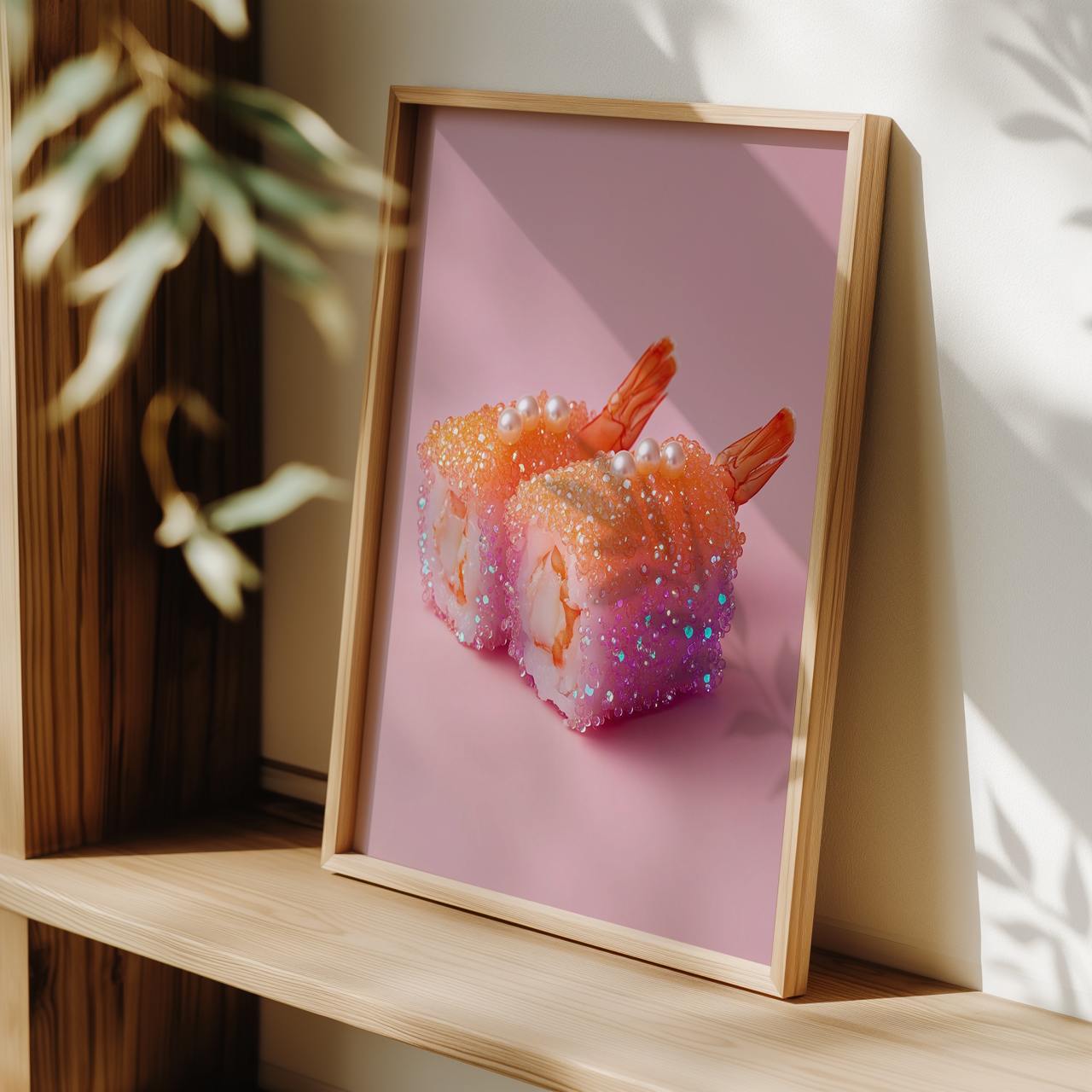Framed artwork of sushi with pink background on a wooden shelf