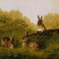 A vintage-style painting featuring three rabbits in a forest clearing. One rabbit is perched on a fallen log with ears raised, while the other two rest in the grass. The scene is filled with soft green foliage, wildflowers, and warm golden light filtering through the trees in the background. The composition evokes a peaceful and natural atmosphere.