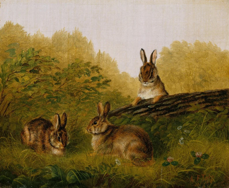 A vintage-style painting featuring three rabbits in a forest clearing. One rabbit is perched on a fallen log with ears raised, while the other two rest in the grass. The scene is filled with soft green foliage, wildflowers, and warm golden light filtering through the trees in the background. The composition evokes a peaceful and natural atmosphere.