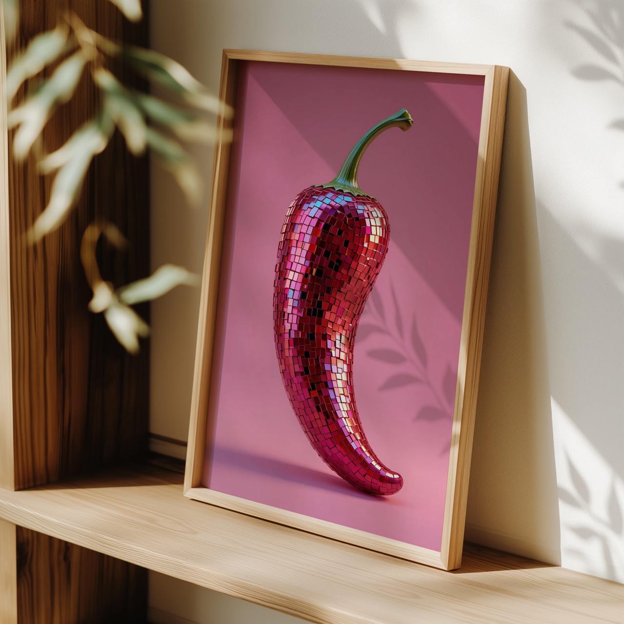 Framed artwork of a red chili pepper on a pink background, leaning against a wooden shelf.