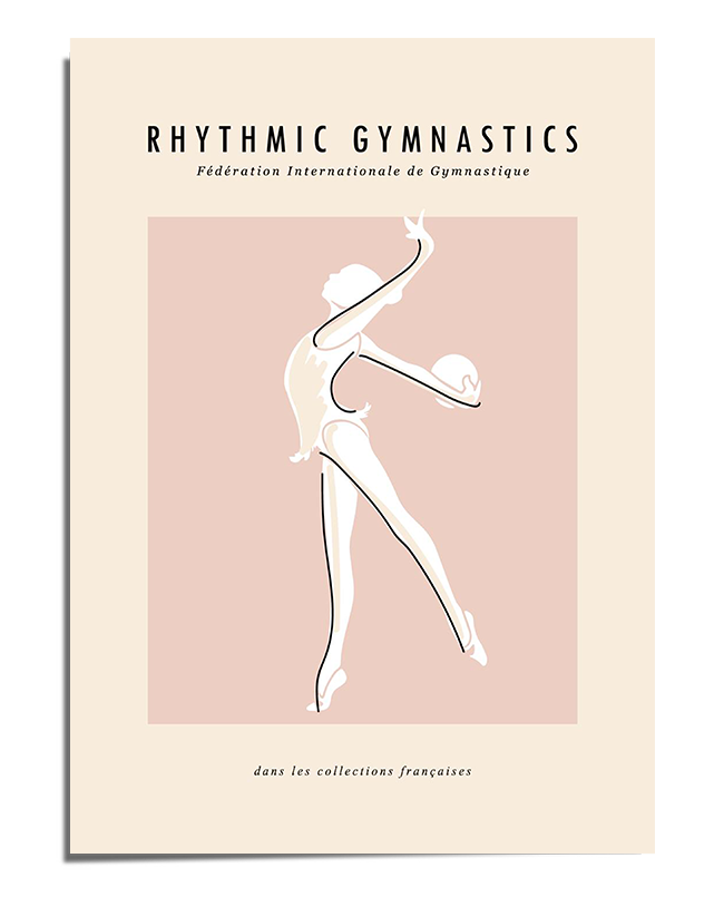 A stylized silhouette of a rhythmic gymnast performing a graceful pose with a ball. The figure is outlined in white with a soft shadow effect against a pastel pink background. The text "Rhythmic Gymnastics" appears at the top, with an inspirational quote below.