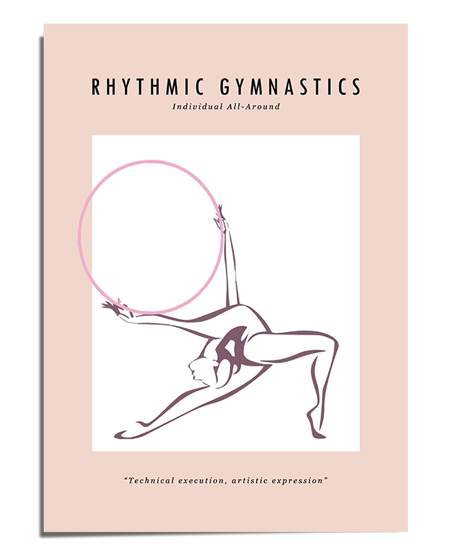 A minimalist line-art illustration of a rhythmic gymnast in an elegant split leap, balancing a hoop in one hand. The figure is outlined in black with soft pink shading, set against a neutral background. The text "Rhythmic Gymnastics" is displayed at the top, with a small inspirational quote at the bottom.

