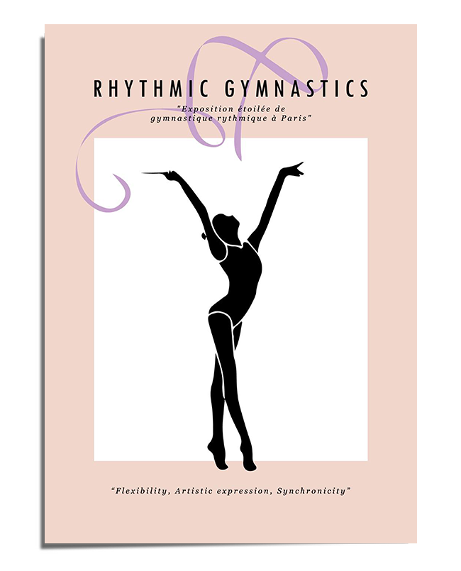 A minimalist poster featuring a black silhouette of a rhythmic gymnast with arms raised elegantly, standing in a graceful pose. A soft blush pink background adds warmth, while swirling purple ribbon details enhance the sense of movement. The text "Rhythmic Gymnastics" appears at the top, completing the refined and artistic composition.