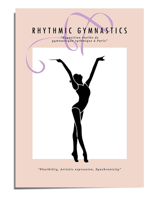 A minimalist poster featuring a black silhouette of a rhythmic gymnast with arms raised elegantly, standing in a graceful pose. A soft blush pink background adds warmth, while swirling purple ribbon details enhance the sense of movement. The text "Rhythmic Gymnastics" appears at the top, completing the refined and artistic composition.