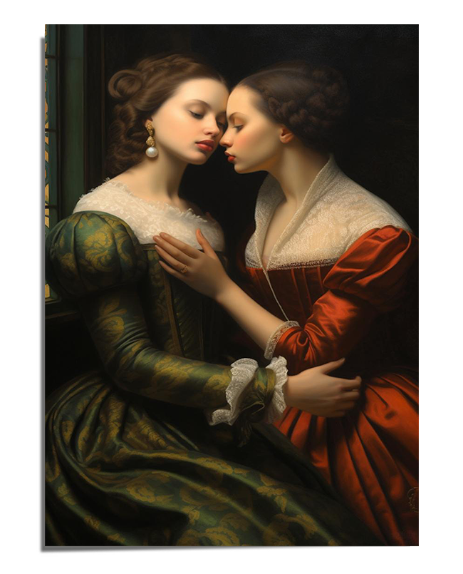 A finely detailed painting of two women in Renaissance-style dresses embracing intimately. One wears a deep green gown with golden embroidery, while the other wears a rich red dress with delicate lace cuffs. Their faces are close, eyes closed, sharing a moment of affection. The background is softly shadowed, emphasizing the warm tones and rich textures of their clothing.