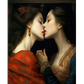 A classical-style painting featuring two women dressed in elegant Renaissance clothing. One woman in a red gown leans forward with her eyes closed, while the other, in a blue and gold dress, tilts her head gently toward her. The soft lighting and warm tones enhance the intimate and romantic atmosphere of the scene.