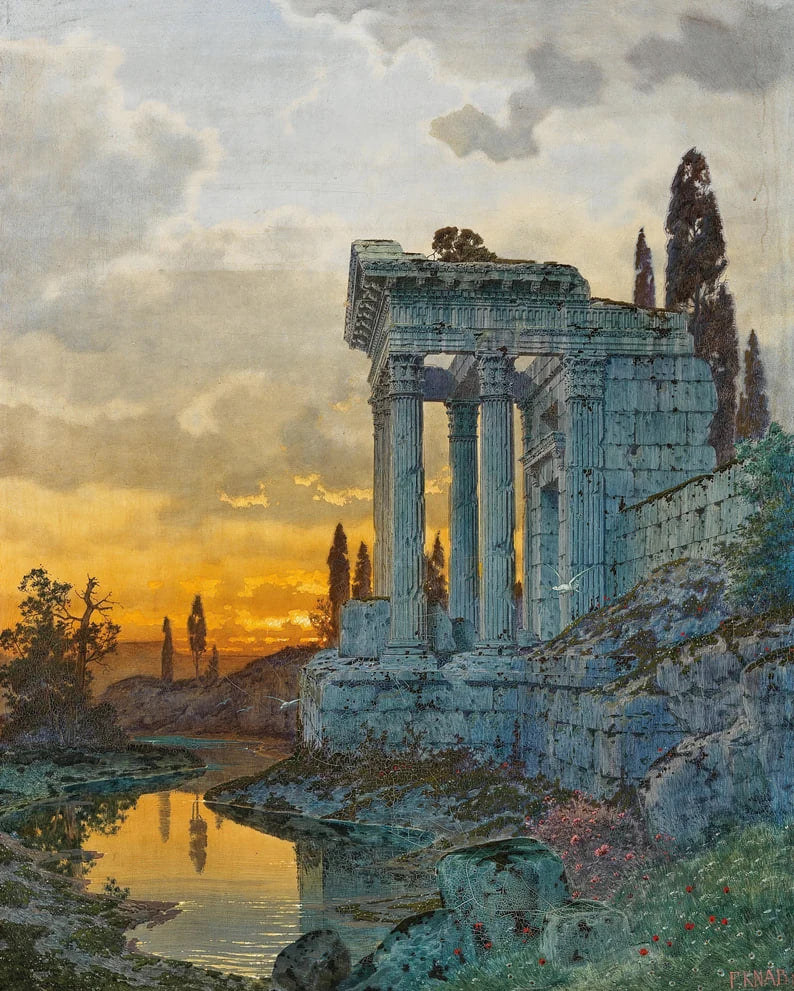 A landscape painting featuring the ruins of an ancient temple with tall stone columns standing on a rocky hillside. The scene is illuminated by the warm hues of a golden sunset, reflecting in a calm body of water. Dark cypress trees rise in the background, contrasting with the soft clouds and glowing sky. The composition evokes a sense of history, tranquility, and timeless beauty.
