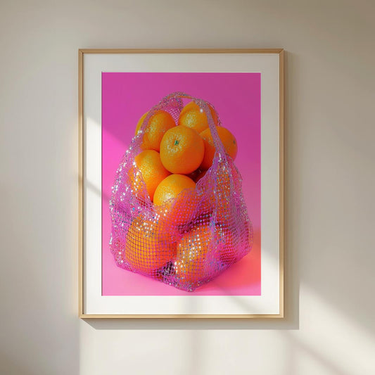A mesh bag made of glittery pink sequins is filled with fresh oranges. The bag sits on a vivid pink surface, blending fruit imagery with shimmering textures in a modern, eye-catching design.