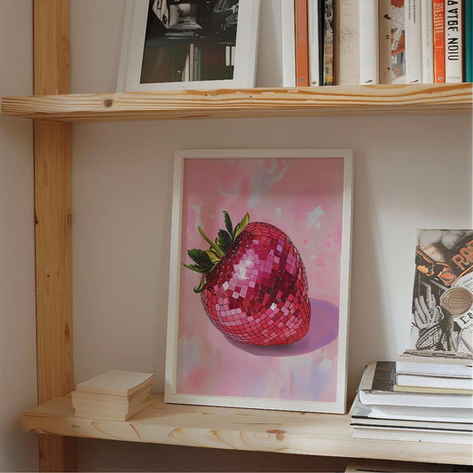 Framed artwork of a pink strawberry on a wooden shelf with books