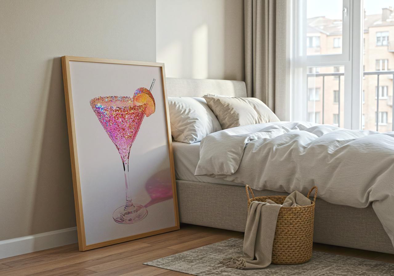 Bedroom with a bed, framed artwork of a cocktail, and a basket on the floor.