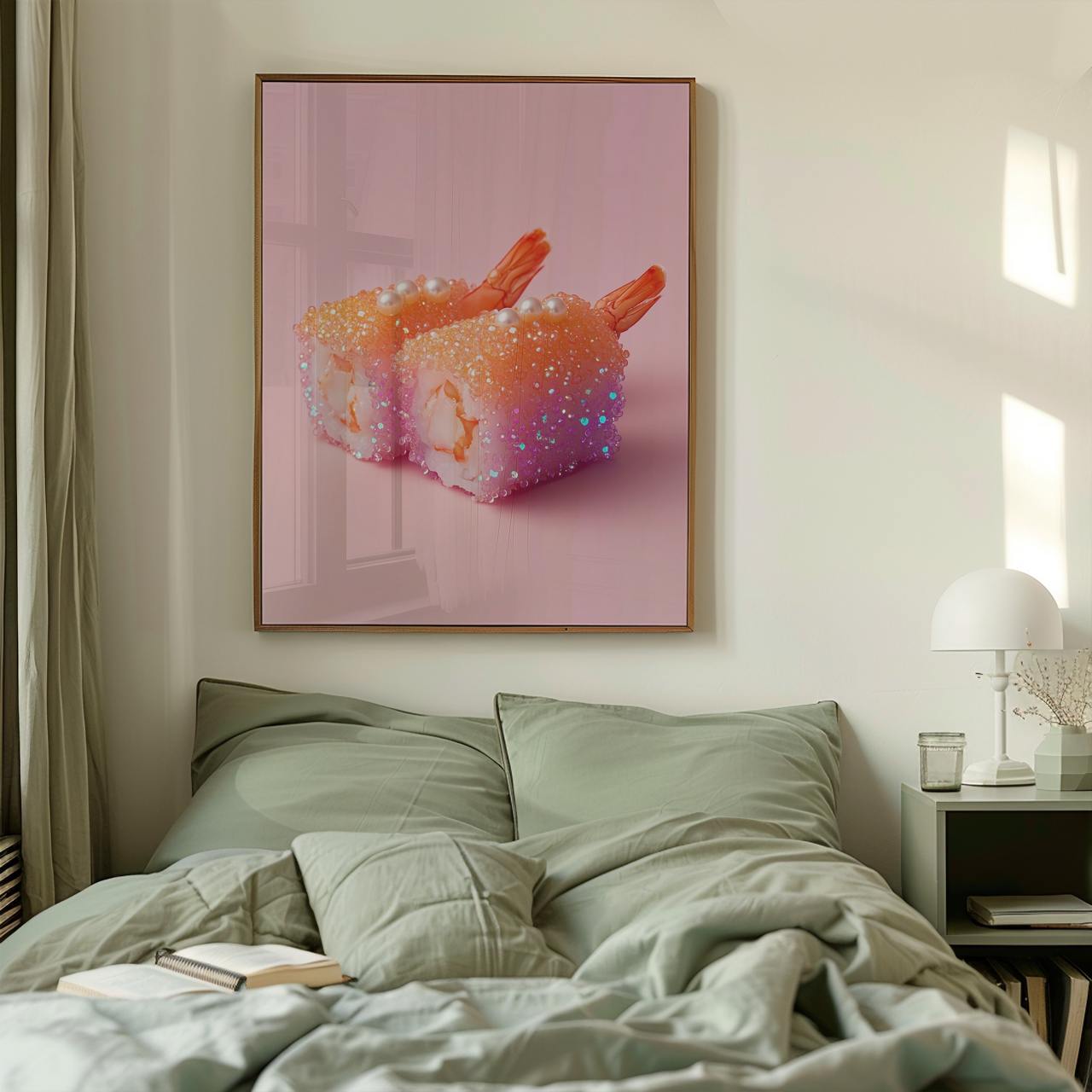 Framed artwork of sushi on a wall above a bed in a bedroom.