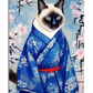 A beautifully detailed painting of a Siamese cat dressed in a traditional blue kimono with delicate white floral patterns. The cat’s blue eyes contrast against the rich fabric, and the background features soft cherry blossoms and Japanese calligraphy, enhancing the elegant and serene atmosphere of the artwork.