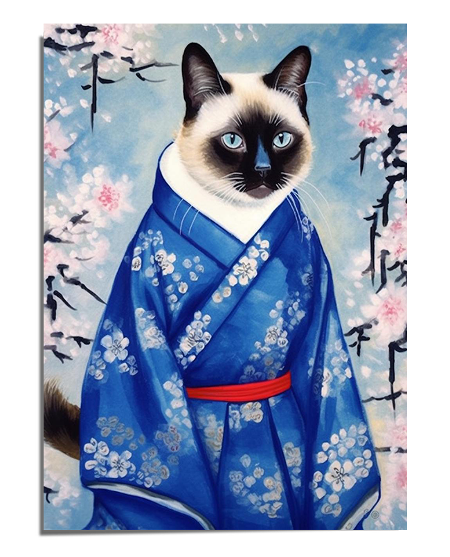 A beautifully detailed painting of a Siamese cat dressed in a traditional blue kimono with delicate white floral patterns. The cat’s blue eyes contrast against the rich fabric, and the background features soft cherry blossoms and Japanese calligraphy, enhancing the elegant and serene atmosphere of the artwork.