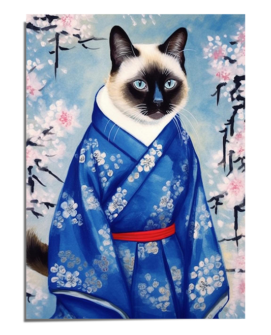 A beautifully detailed painting of a Siamese cat dressed in a traditional blue kimono with delicate white floral patterns. The cat’s blue eyes contrast against the rich fabric, and the background features soft cherry blossoms and Japanese calligraphy, enhancing the elegant and serene atmosphere of the artwork.