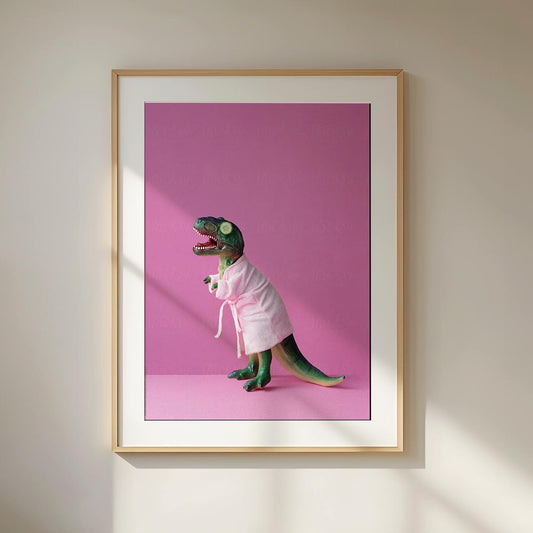Framed artwork of a dinosaur in a robe on a pink background
