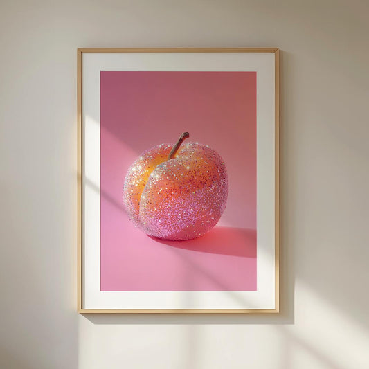 Framed artwork of a glittery plum on a pink background