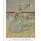 A Post-Impressionist painting of a flowering almond branch in a glass vase, set against a soft grey background with touches of yellow. The blossoms are delicate and rendered with vibrant colors, contrasting with the bold brushstrokes in the background. The simple yet expressive composition captures the essence of nature’s beauty.