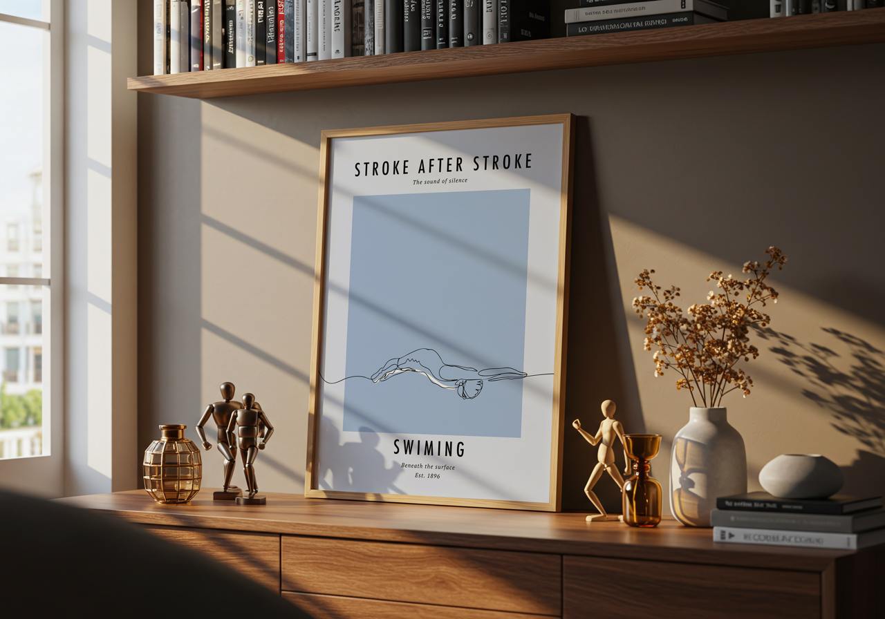 Framed artwork titled 'Stroke After Stroke' on a wooden shelf with decorative items.