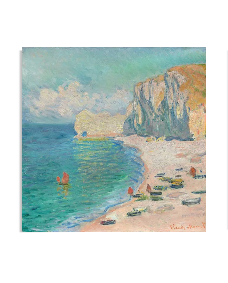 An Impressionist painting showing a summer beach with soft waves rolling onto the shore. The sandy beach is dotted with figures walking along the water, while the warm sunlight creates a golden glow on the surface of the water. The scene conveys a peaceful and idyllic moment by the sea.