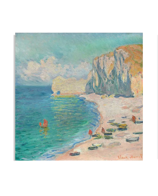 An Impressionist painting showing a summer beach with soft waves rolling onto the shore. The sandy beach is dotted with figures walking along the water, while the warm sunlight creates a golden glow on the surface of the water. The scene conveys a peaceful and idyllic moment by the sea.