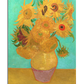 A post-impressionist painting featuring a bouquet of golden-yellow sunflowers in a round ceramic vase. The flowers are arranged in different stages of bloom, with some petals open wide and others beginning to wilt. The background is a striking turquoise, contrasting with the warm tones of the flowers and the ochre tabletop. The expressive brushstrokes and textured paint application create depth and movement in the composition.