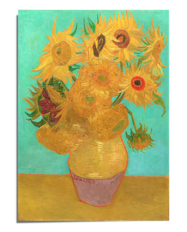 A post-impressionist painting featuring a bouquet of golden-yellow sunflowers in a round ceramic vase. The flowers are arranged in different stages of bloom, with some petals open wide and others beginning to wilt. The background is a striking turquoise, contrasting with the warm tones of the flowers and the ochre tabletop. The expressive brushstrokes and textured paint application create depth and movement in the composition.