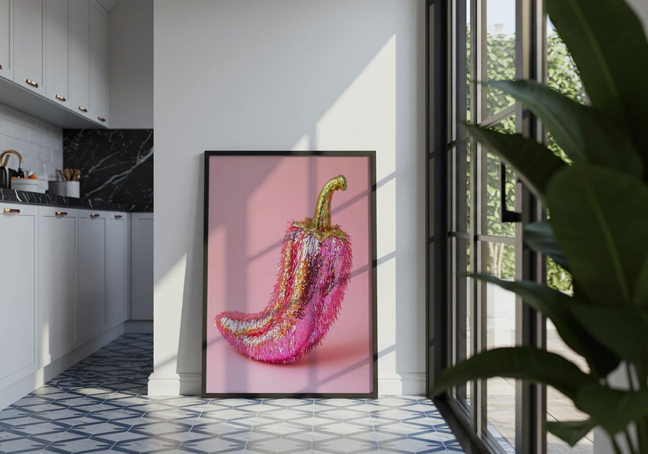 Framed artwork of a pink and gold pepper on a wall in a modern kitchen.