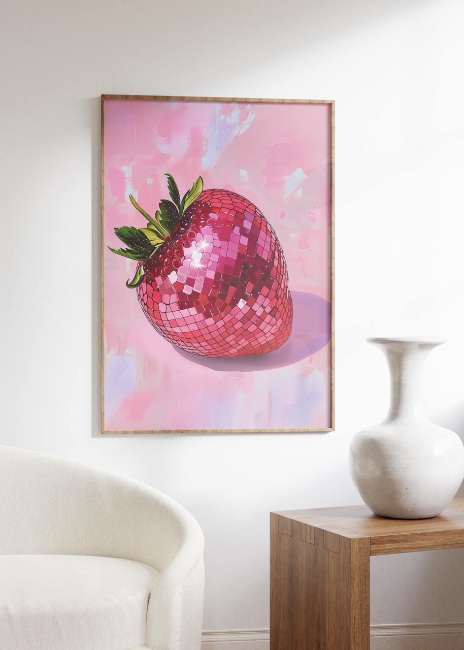 Framed artwork of a disco strawberry on a pink abstract background in a room with a chair and table.