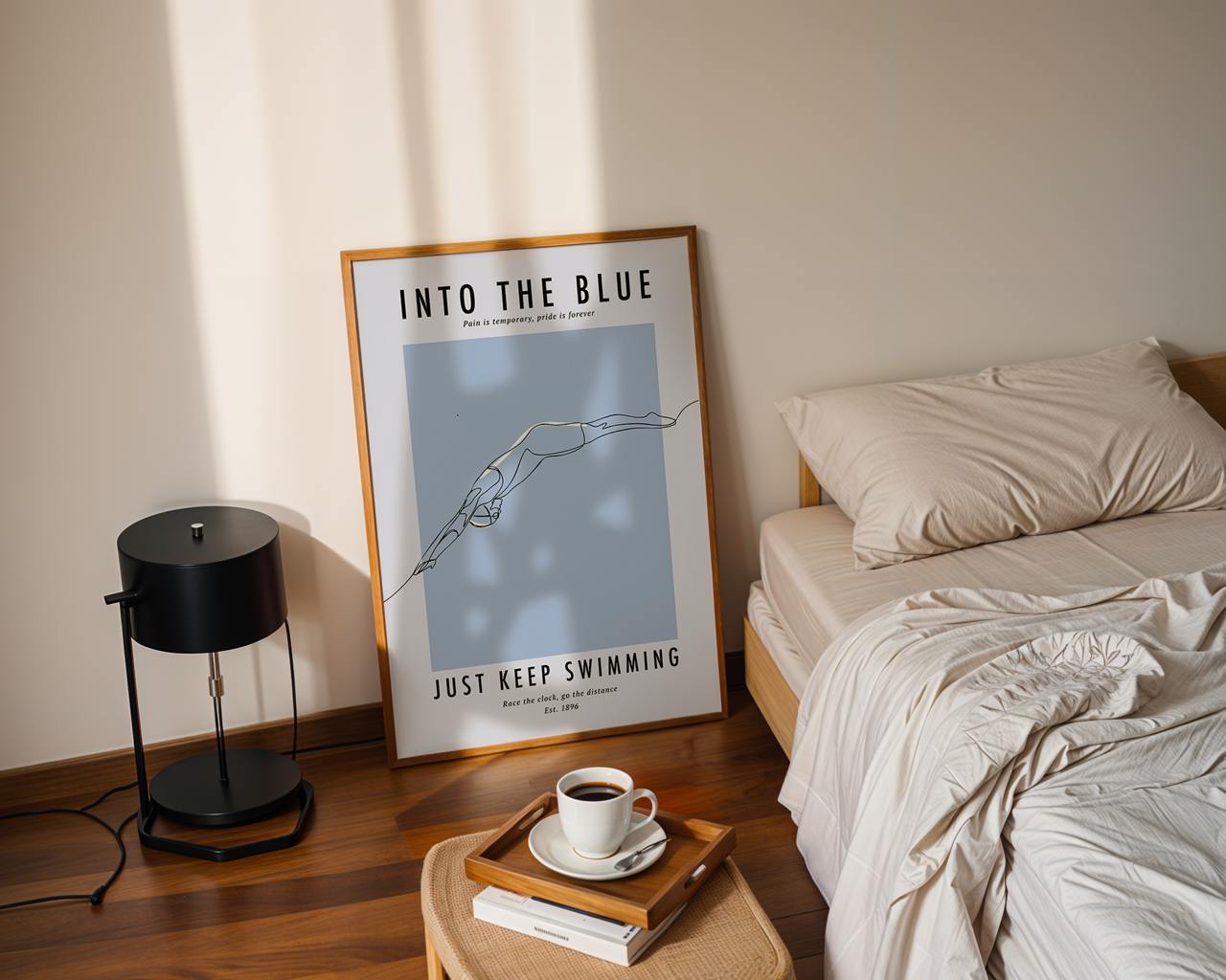 Framed poster on a wall above a bed with a lamp and coffee cup on a side table.