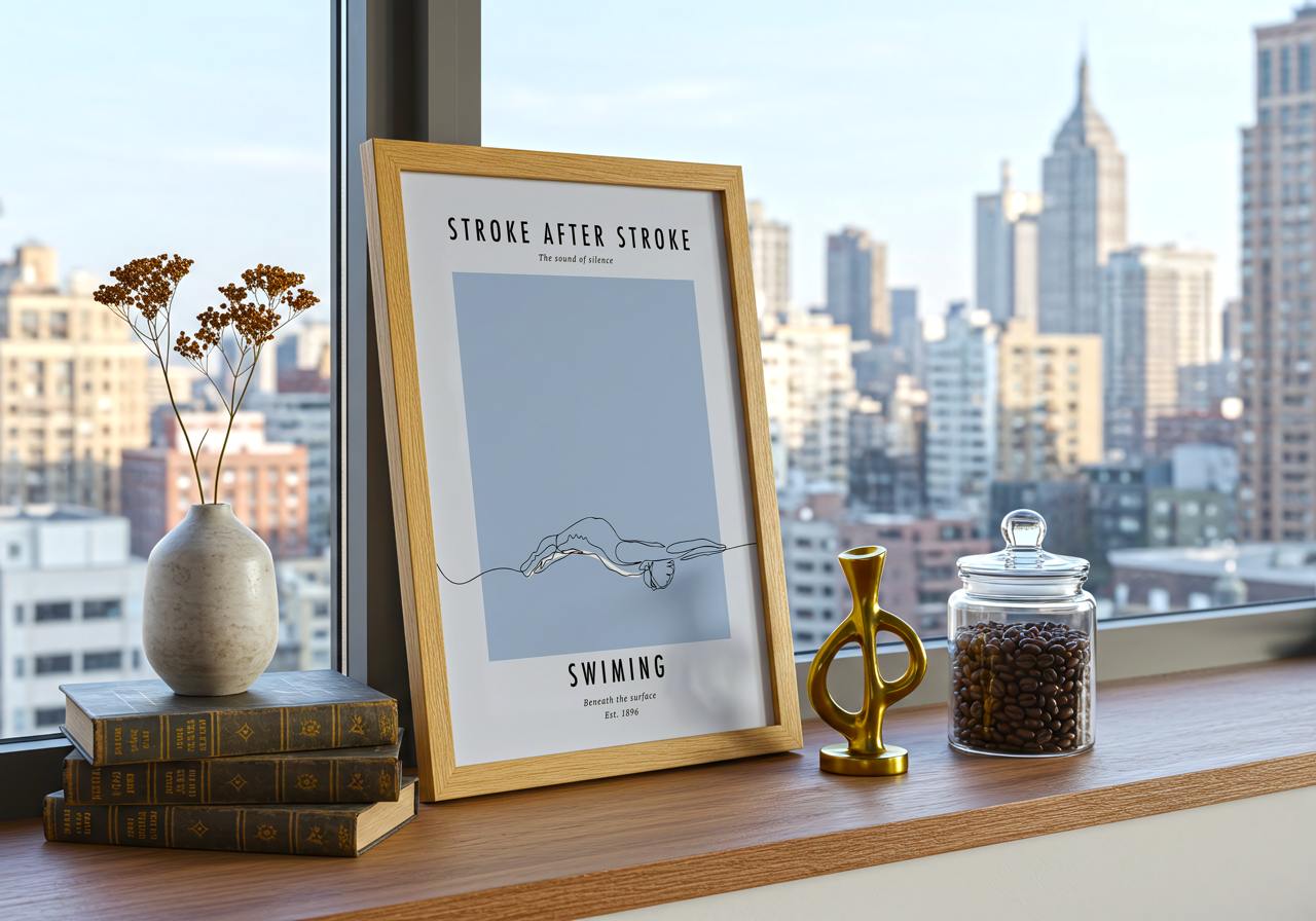 Framed artwork on a windowsill with cityscape view