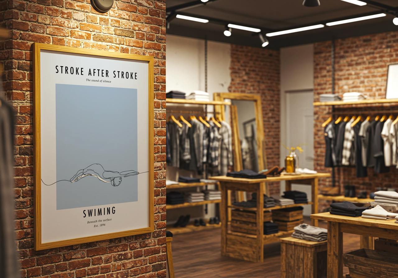 Framed poster on a brick wall in a clothing store