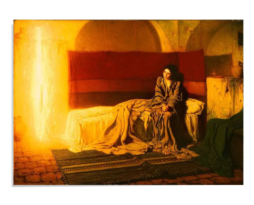 A biblical oil painting featuring a young woman, dressed in a simple robe, sitting on the edge of a bed in a dimly lit room. She gazes toward a bright, glowing column of light on the left, symbolizing the presence of the Angel Gabriel. The warm golden tones and deep shadows create a serene and reverent atmosphere, emphasizing the spiritual depth of the scene.