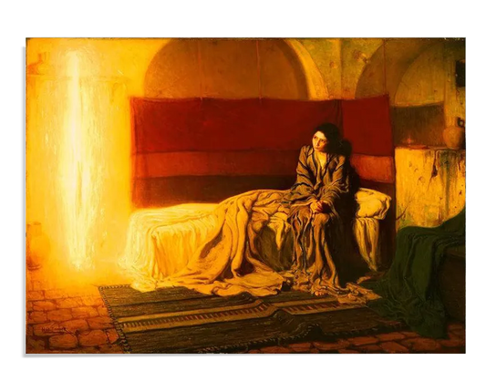 A biblical oil painting featuring a young woman, dressed in a simple robe, sitting on the edge of a bed in a dimly lit room. She gazes toward a bright, glowing column of light on the left, symbolizing the presence of the Angel Gabriel. The warm golden tones and deep shadows create a serene and reverent atmosphere, emphasizing the spiritual depth of the scene.