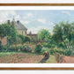 An Impressionist painting depicting a vibrant garden with flowers and trees, leading to a house in the background. The path is lined with greenery, and the soft sunlight creates dappled shadows on the ground. The sky is light and airy with soft blue and white clouds.