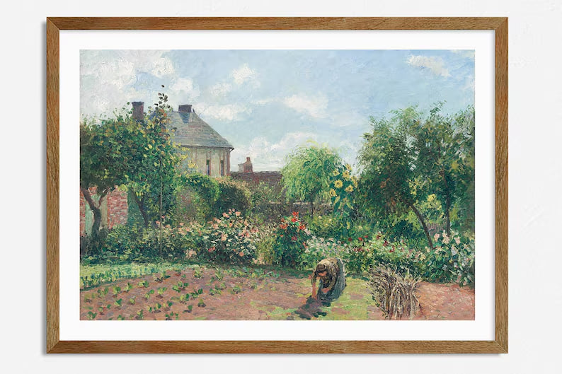 An Impressionist painting depicting a vibrant garden with flowers and trees, leading to a house in the background. The path is lined with greenery, and the soft sunlight creates dappled shadows on the ground. The sky is light and airy with soft blue and white clouds.