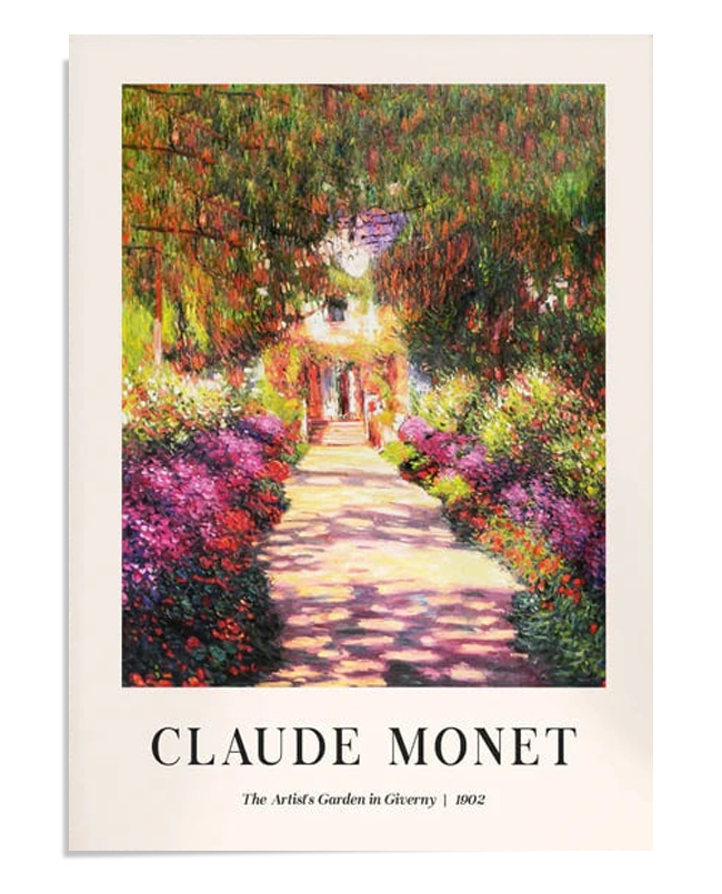 An Impressionist painting by Claude Monet depicting a flower-filled pathway in his garden at Giverny, leading toward a house. The lush greenery and colorful flowers create a serene and peaceful atmosphere, with sunlight illuminating the vibrant blooms along the path. Monet’s signature use of light, texture, and color brings the tranquil beauty of nature to life in this timeless work of art.