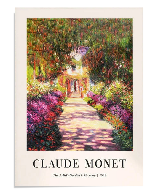 An Impressionist painting by Claude Monet depicting a flower-filled pathway in his garden at Giverny, leading toward a house. The lush greenery and colorful flowers create a serene and peaceful atmosphere, with sunlight illuminating the vibrant blooms along the path. Monet’s signature use of light, texture, and color brings the tranquil beauty of nature to life in this timeless work of art.