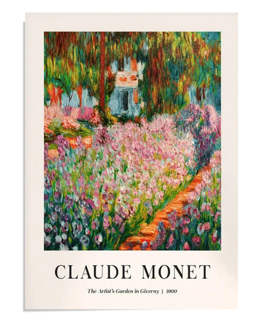 An Impressionist painting by Claude Monet depicting a vibrant garden in Giverny, France. The artwork features a rich blend of pinks, purples, and greens, with a lush garden path lined by colorful flowers. Monet’s fluid brushwork captures the play of light and shadow in the garden, creating a serene and tranquil atmosphere. Perfect for nature-inspired wall art and home decor, this fine art print brings the timeless beauty of Monet's garden to any space.