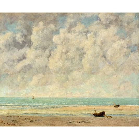 A classical seascape painting depicting a vast cloudy sky over a calm blue ocean. The sandy beach in the foreground features small wooden boats resting on the shore, with one slightly tilted. The horizon line stretches across the background, where a distant sailboat can be seen. The soft pastel tones and delicate brushwork create a peaceful and atmospheric coastal scene.