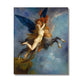 A dramatic painting featuring a winged centaur with blue feathers soaring into the sky while carrying a nude woman with flowing golden hair. She clings to the centaur’s upper body as they ascend through a dreamlike atmosphere of swirling blue clouds. The centaur’s body is powerful, blending human and horse forms, with intricate detailing in the wings and muscular structure. The painting exudes a mystical and fantastical energy.