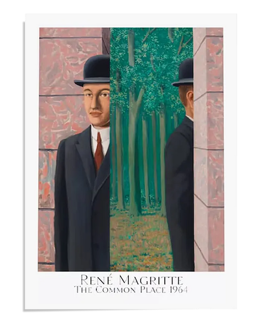 A surrealist painting depicting a man in a bowler hat standing in front of a brick wall. A vertical section of the image is replaced by a dense green forest, creating a visual contrast between architecture and nature. The artwork plays with perception, identity, and space, characteristic of Magritte’s surrealist style.