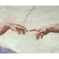 A Renaissance fresco painting fragment depicting two hands reaching towards each other against a light, cracked plaster background. One hand, representing God, extends from the right with an outstretched index finger, while the other, representing Adam, reaches from the left in a mirrored gesture. The composition captures the iconic moment of near-contact, symbolizing the act of divine creation.

