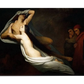 A dramatic painting featuring two ghostly lovers, Paolo and Francesca, floating in a sorrowful embrace as they drift through darkness. Their bodies are wrapped in flowing white fabric, giving them an ethereal appearance. In the background, two shadowed figures, Dante and Virgil, observe them with solemn expressions. The deep contrast between light and shadow enhances the painting’s tragic and haunting atmosphere.
